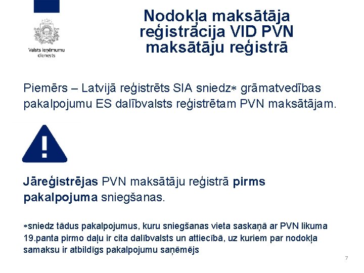 Nodokļa maksātāja reģistrācija VID PVN maksātāju reģistrā Piemērs – Latvijā reģistrēts SIA sniedz grāmatvedības