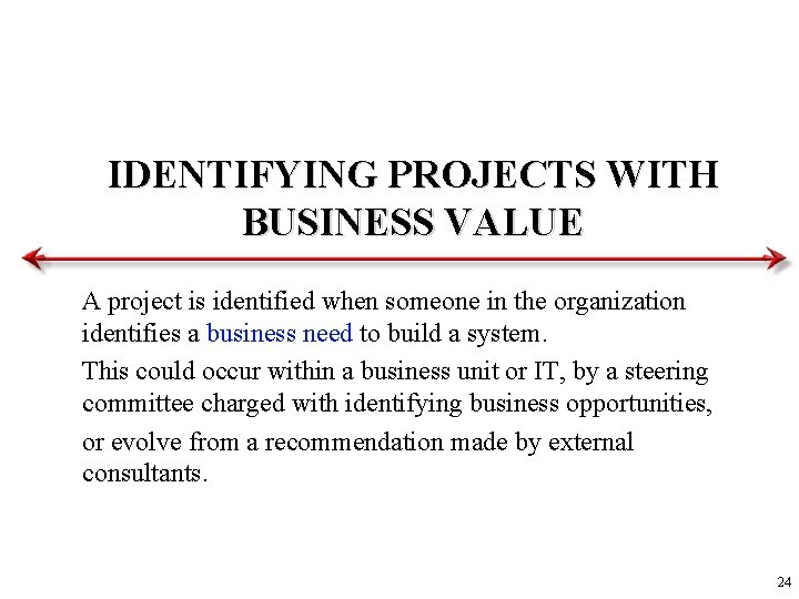 IDENTIFYING PROJECTS WITH BUSINESS VALUE A project is identified when someone in the organization