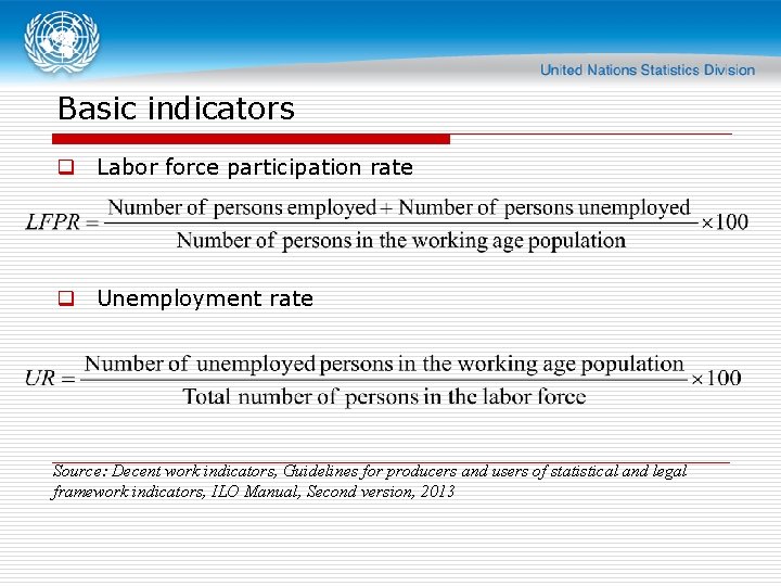 Basic indicators q Labor force participation rate q Unemployment rate Source: Decent work indicators,