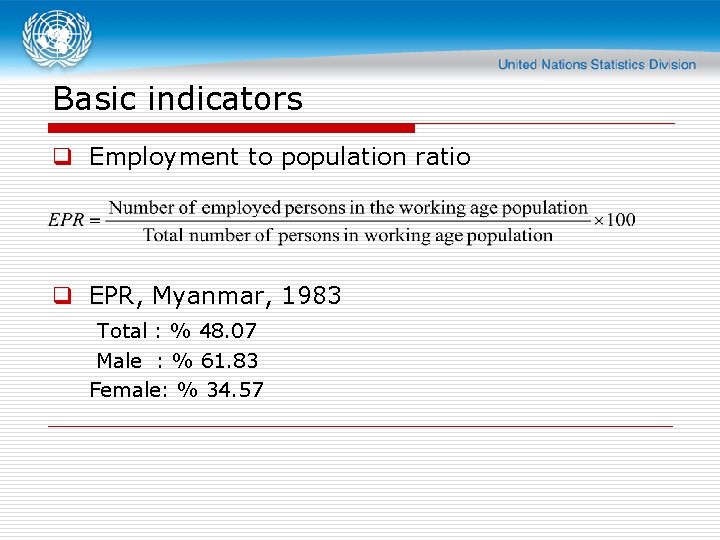 Basic indicators q Employment to population ratio q EPR, Myanmar, 1983 Total : %