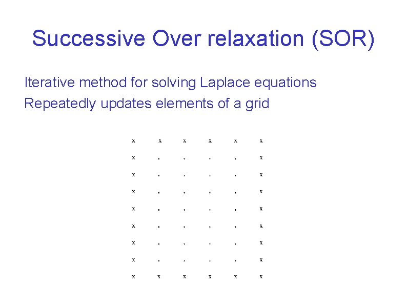 Successive Over relaxation (SOR) Iterative method for solving Laplace equations Repeatedly updates elements of