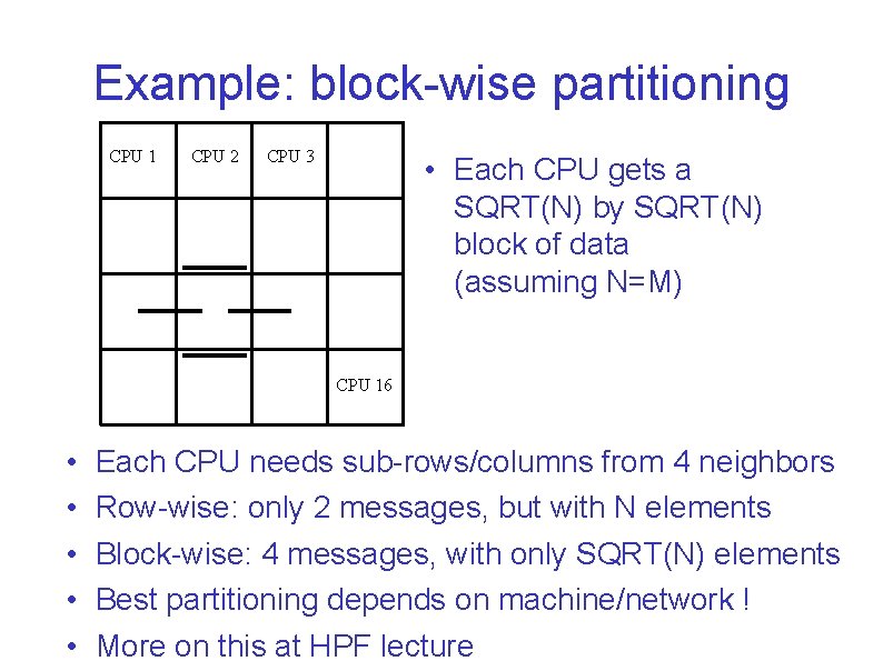 Example: block-wise partitioning CPU 1 CPU 2 CPU 3 • Each CPU gets a