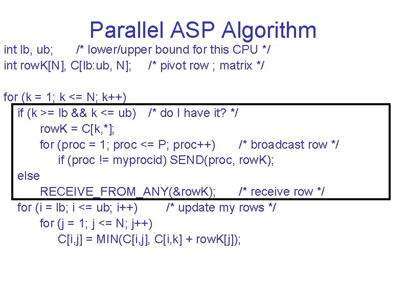 Parallel ASP Algorithm int lb, ub; /* lower/upper bound for this CPU */ int