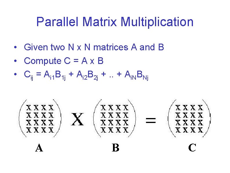 Parallel Matrix Multiplication • Given two N x N matrices A and B •