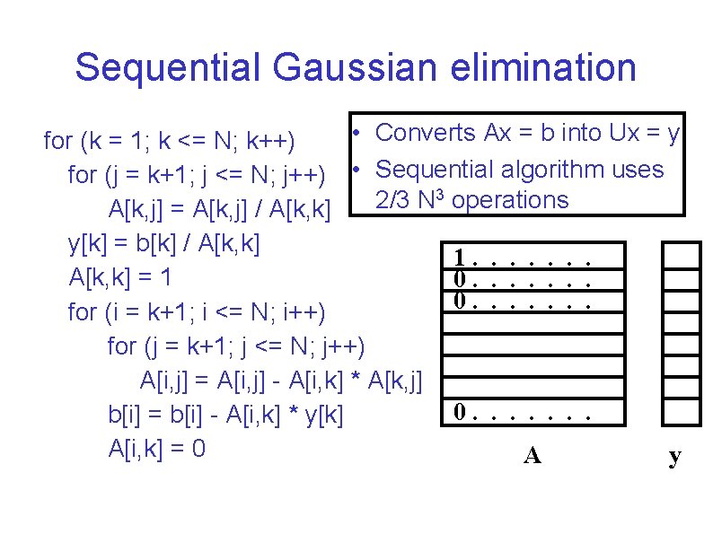 Sequential Gaussian elimination • Converts Ax = b into Ux = y for (k