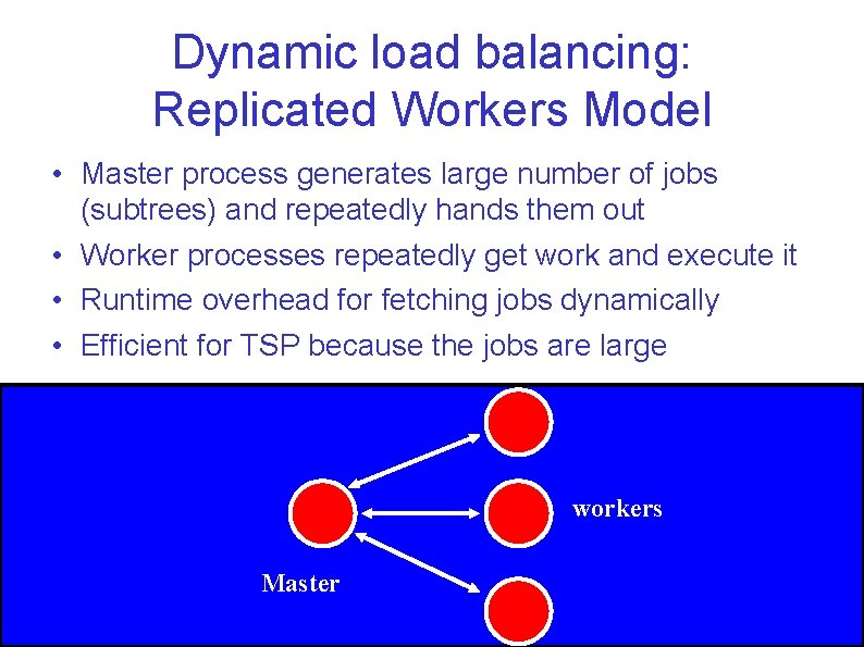 Dynamic load balancing: Replicated Workers Model • Master process generates large number of jobs