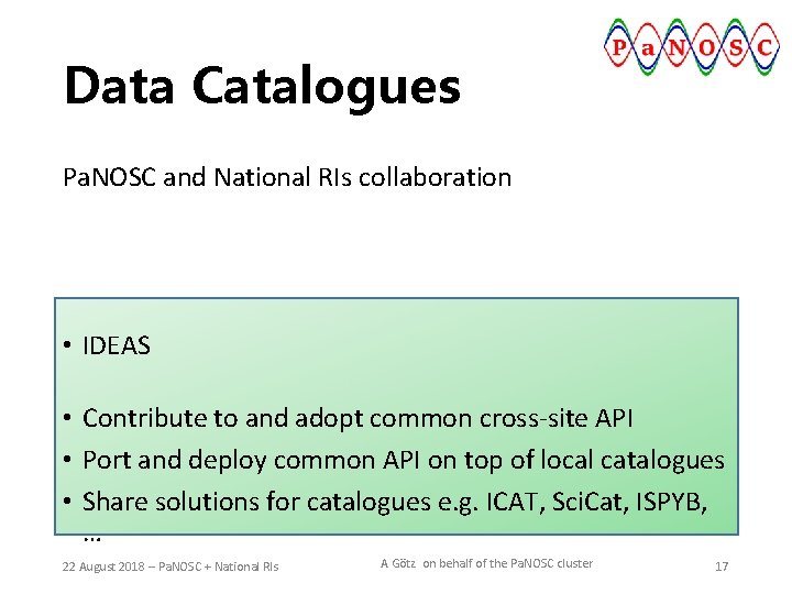 Data Catalogues Pa. NOSC and National RIs collaboration • IDEAS • Contribute to and