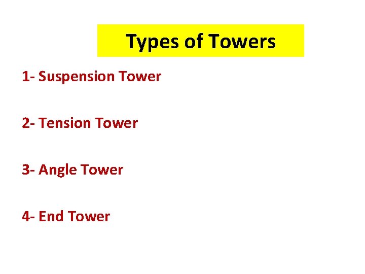 Types of Towers 1 - Suspension Tower 2 - Tension Tower 3 - Angle