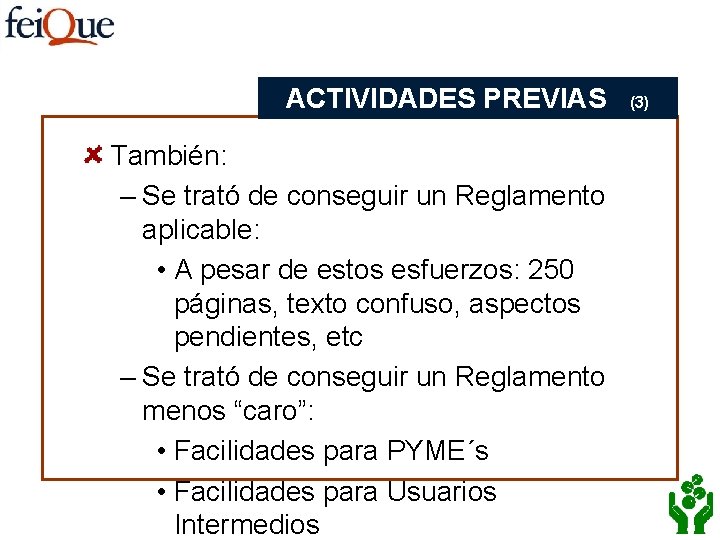 ACTIVIDADES PREVIAS También: – Se trató de conseguir un Reglamento aplicable: • A pesar