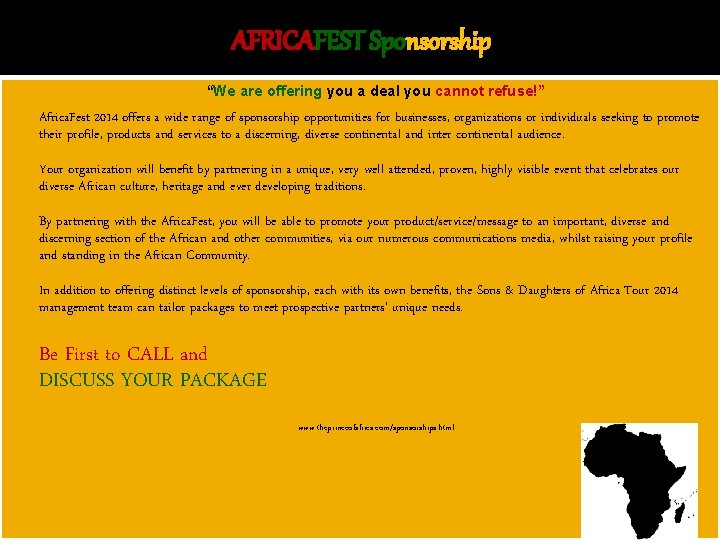AFRICAFEST Sponsorship � “We are offering you a deal you cannot refuse!” � Africa.