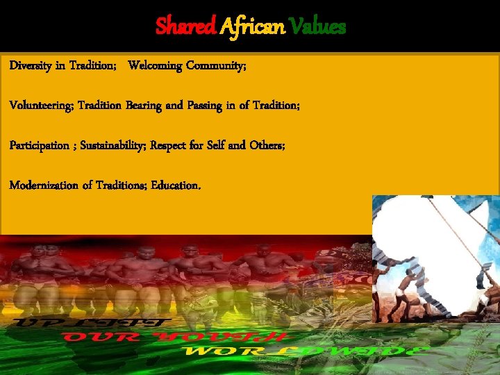 Shared African Values Diversity in Tradition; Welcoming Community; Volunteering; Tradition Bearing and Passing in