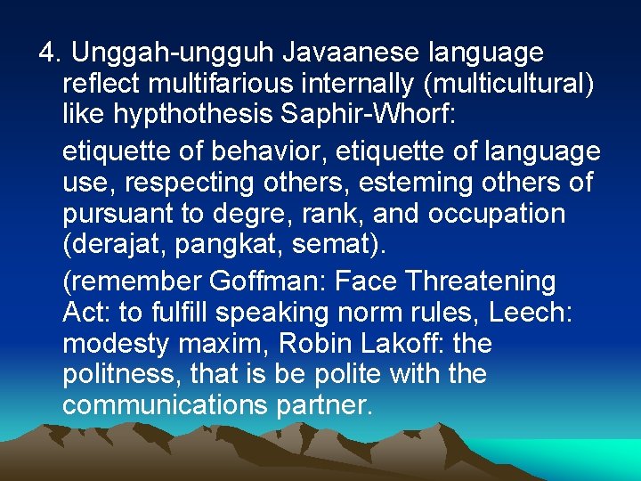 4. Unggah-ungguh Javaanese language reflect multifarious internally (multicultural) like hypthothesis Saphir-Whorf: etiquette of behavior,