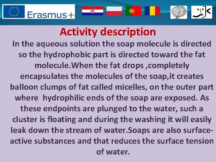 Activity description In the aqueous solution the soap molecule is directed so the hydrophobic