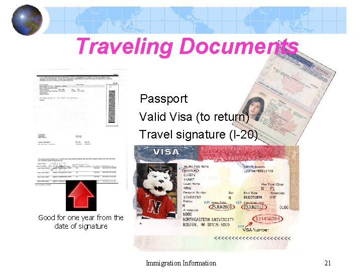 Traveling Documents dd Passport Valid Visa (to return) Travel signature (I-20) Good for one