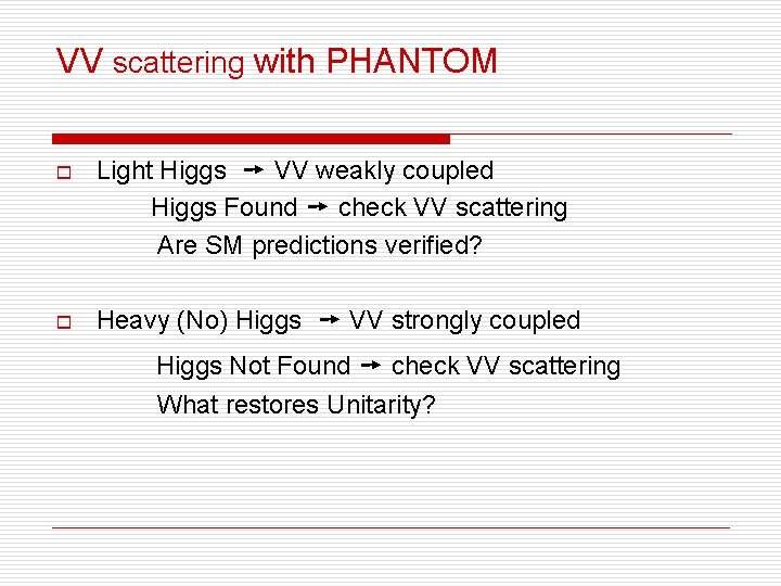 VV scattering with PHANTOM o Light Higgs ➙ VV weakly coupled Higgs Found ➙ VV scattering with PHANTOM o Light Higgs ➙ VV weakly coupled Higgs Found ➙