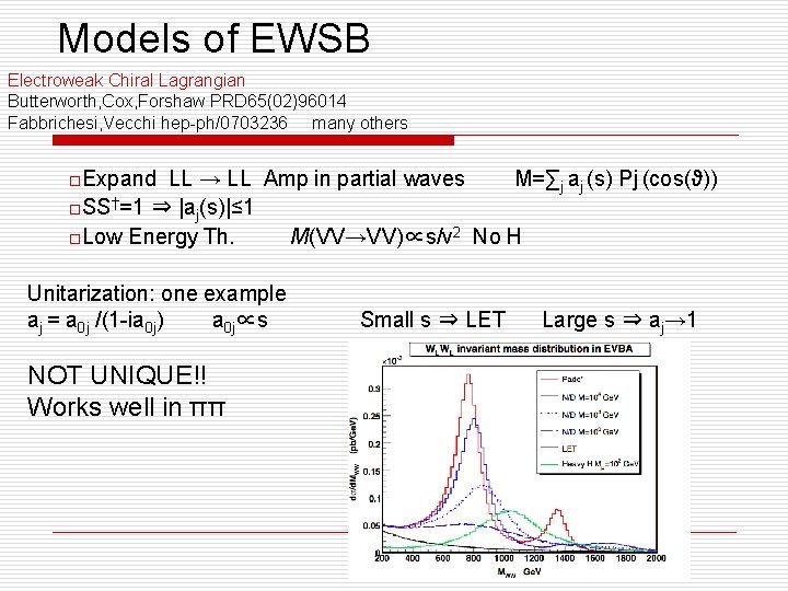 Models of EWSB Electroweak Chiral Lagrangian Butterworth, Cox, Forshaw PRD 65(02)96014 Fabbrichesi, Vecchi hep-ph/0703236 Models of EWSB Electroweak Chiral Lagrangian Butterworth, Cox, Forshaw PRD 65(02)96014 Fabbrichesi, Vecchi hep-ph/0703236