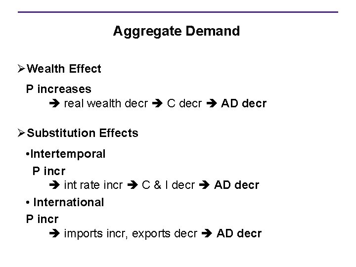 Aggregate Demand ØWealth Effect P increases real wealth decr C decr AD decr ØSubstitution
