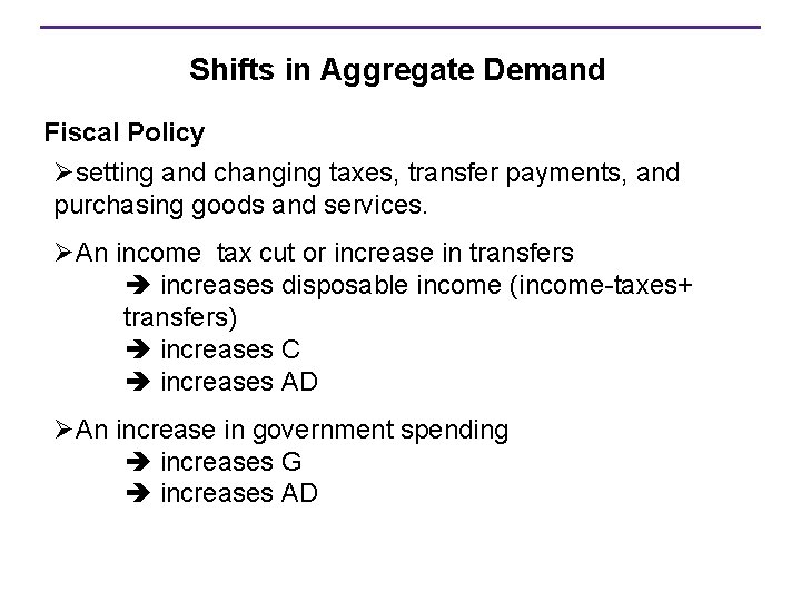 Shifts in Aggregate Demand Fiscal Policy Øsetting and changing taxes, transfer payments, and purchasing