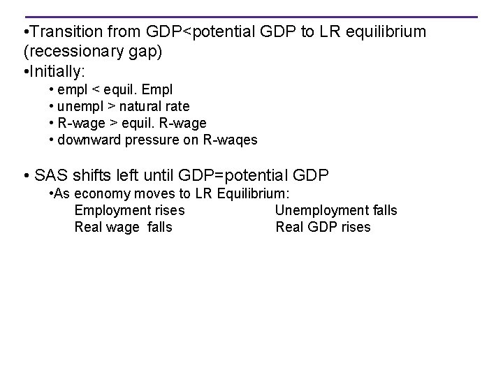  • Transition from GDP<potential GDP to LR equilibrium (recessionary gap) • Initially: •