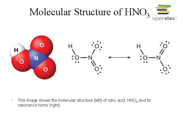 Molecular Structure of HNO 3 • This image shows the molecular structure (left) of