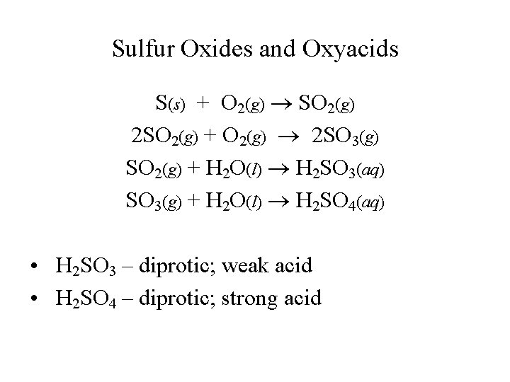 Sulfur Oxides and Oxyacids S(s) + O 2(g) SO 2(g) 2 SO 2(g) +