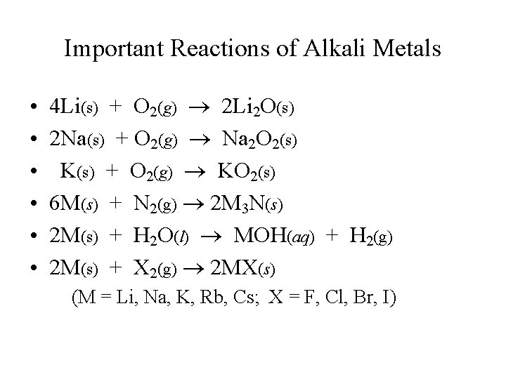 Important Reactions of Alkali Metals • • • 4 Li(s) + O 2(g) 2