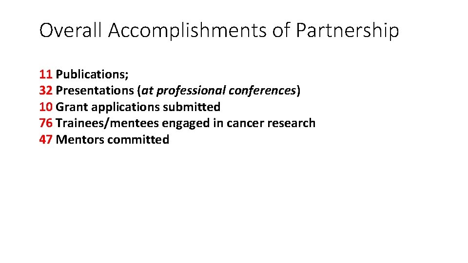 Overall Accomplishments of Partnership 11 Publications; 32 Presentations (at professional conferences) 10 Grant applications