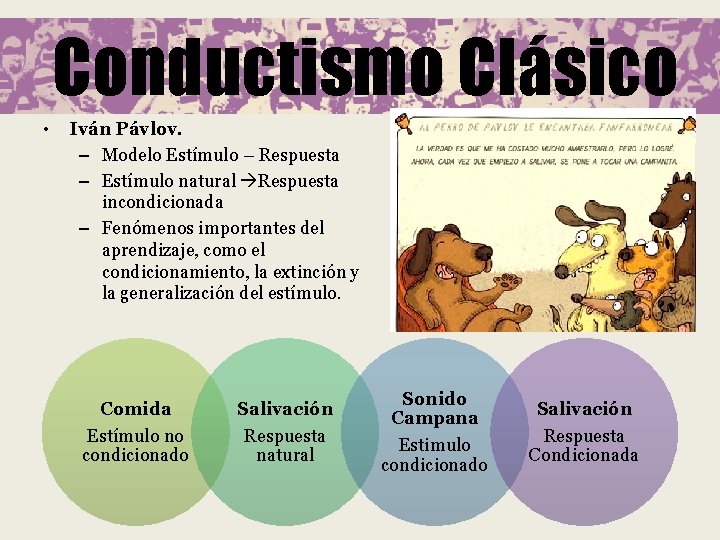 Conductismo Clásico • Iván Pávlov. – Modelo Estímulo – Respuesta – Estímulo natural Respuesta