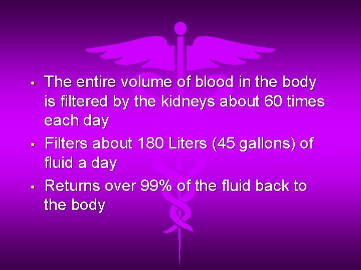  • • • The entire volume of blood in the body is filtered