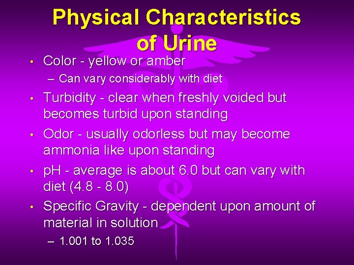  • Physical Characteristics of Urine Color - yellow or amber – Can vary