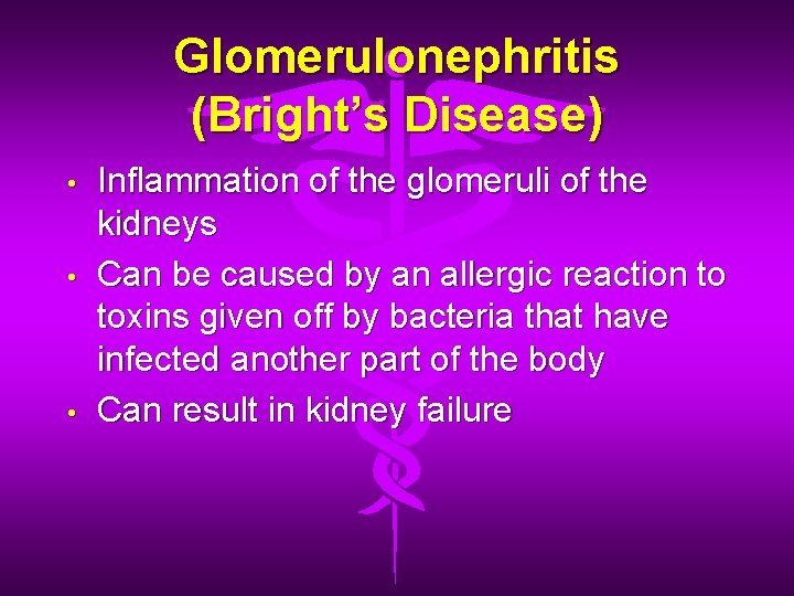 Glomerulonephritis (Bright’s Disease) • • • Inflammation of the glomeruli of the kidneys Can