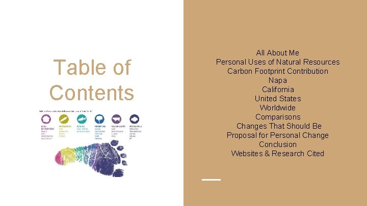 Table of Contents All About Me Personal Uses of Natural Resources Carbon Footprint Contribution