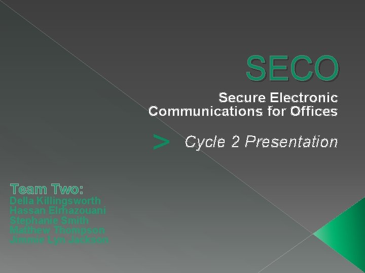 SECO Secure Electronic Communications for Offices > Team Two: Della Killingsworth Hassan Elrhazouani Stephanie