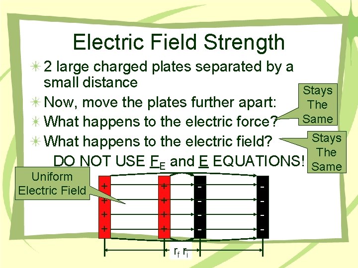 Electric Field Strength 2 large charged plates separated by a small distance Stays Now,