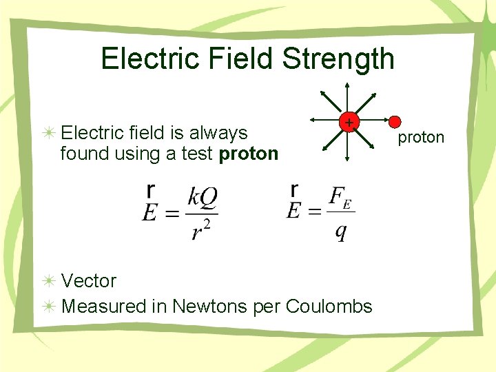 Electric Field Strength Electric field is always found using a test proton + Vector