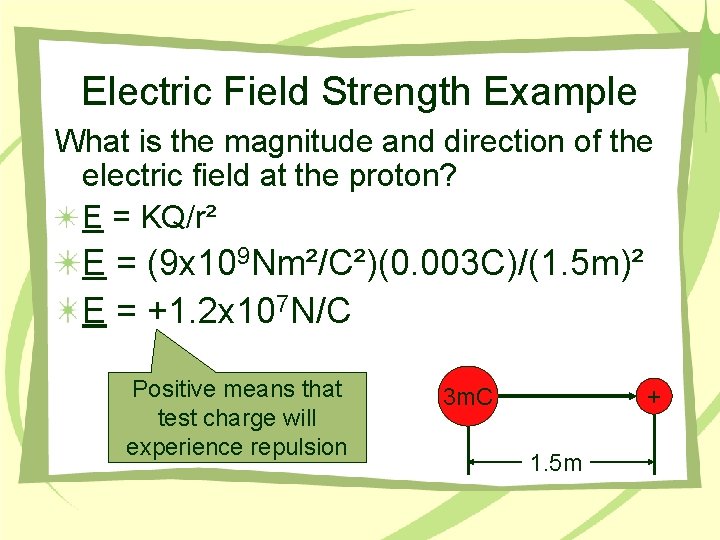 Electric Field Strength Example What is the magnitude and direction of the electric field