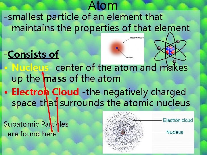 Atom -smallest particle of an element that maintains the properties of that element -Consists