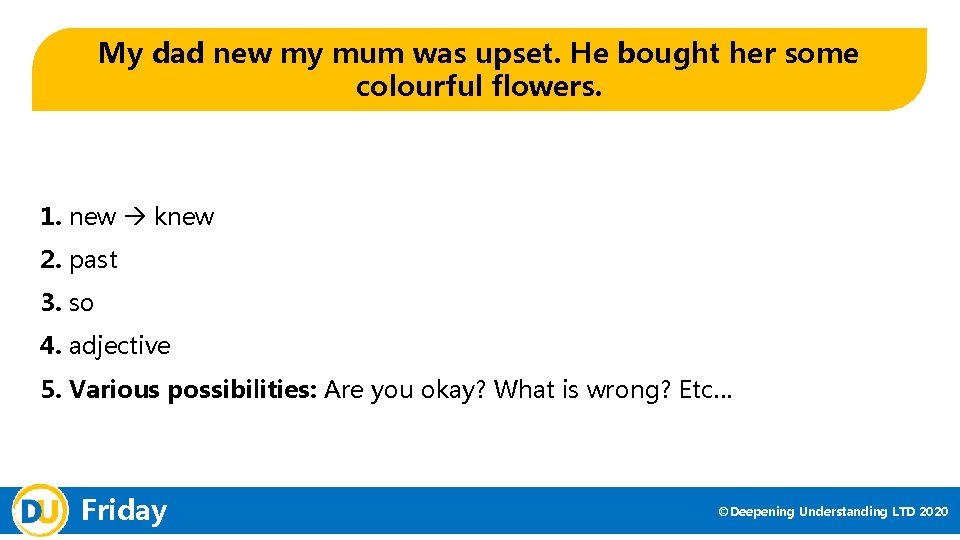 My dad new my mum was upset. He bought her some colourful flowers. 1.