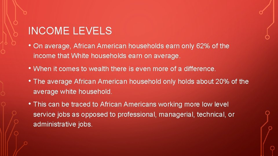 INCOME LEVELS • On average, African American households earn only 62% of the income