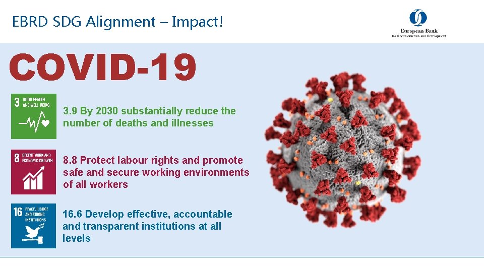 EBRD SDG Alignment – Impact! COVID-19 3. 9 By 2030 substantially reduce the number