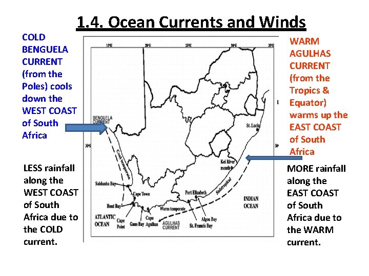 1. 4. Ocean Currents and Winds COLD BENGUELA CURRENT (from the Poles) cools down