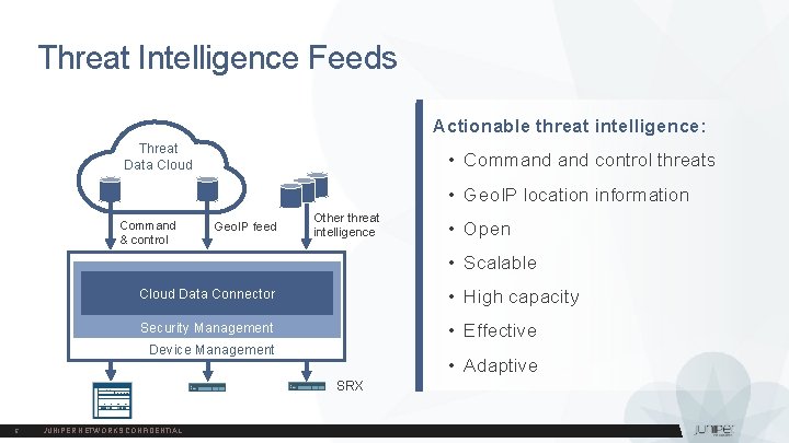 Threat Intelligence Feeds Actionable threat intelligence: Threat Data Cloud • Command control threats •