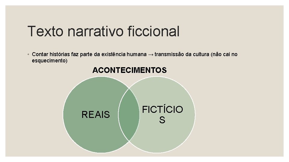 Texto narrativo ficcional ◦ Contar histórias faz parte da existência humana → transmissão da