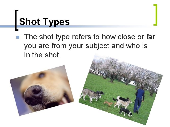 Shot Types n The shot type refers to how close or far you are