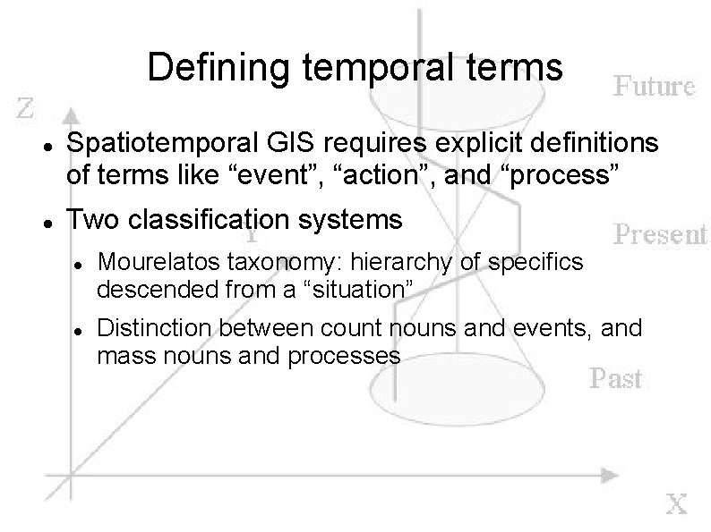 Defining temporal terms Spatiotemporal GIS requires explicit definitions of terms like “event”, “action”, and