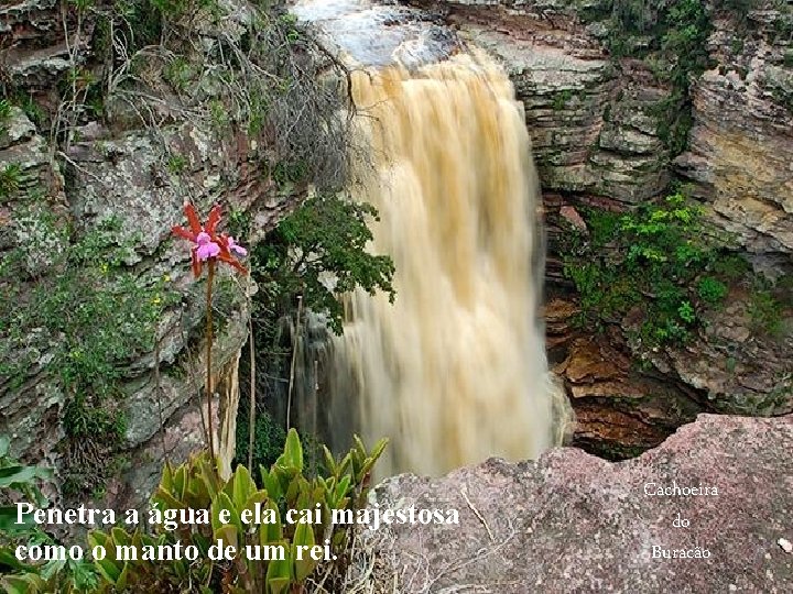 Penetra a água e ela cai majestosa como o manto de um rei. Cachoeira