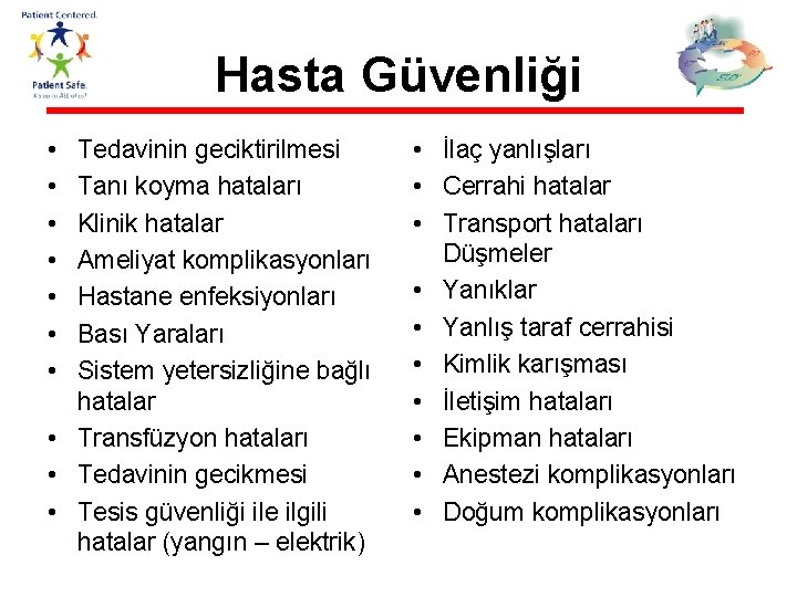 Hasta Güvenliği • • Tedavinin geciktirilmesi Tanı koyma hataları Klinik hatalar Ameliyat komplikasyonları Hastane