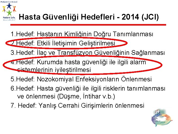 Hasta Güvenliği Hedefleri - 2014 (JCI) 1. Hedef: Hastanın Kimliğinin Doğru Tanımlanması 2. Hedef: