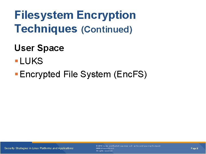 Filesystem Encryption Techniques (Continued) User Space LUKS Encrypted File System (Enc. FS) Security Strategies