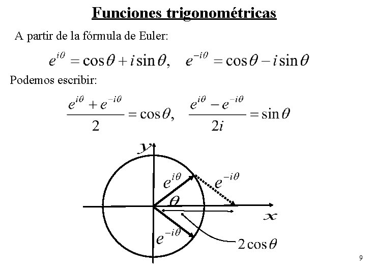 Funciones trigonométricas A partir de la fórmula de Euler: Podemos escribir: 9 